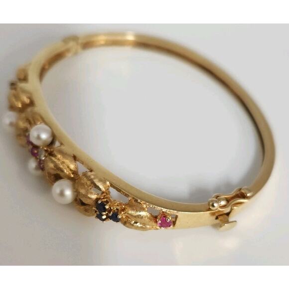 Antique 14k Yellow Gold Diamond,Pearls,Ruby &Sapphire Bangle Bracelets - Picture 9 of 16